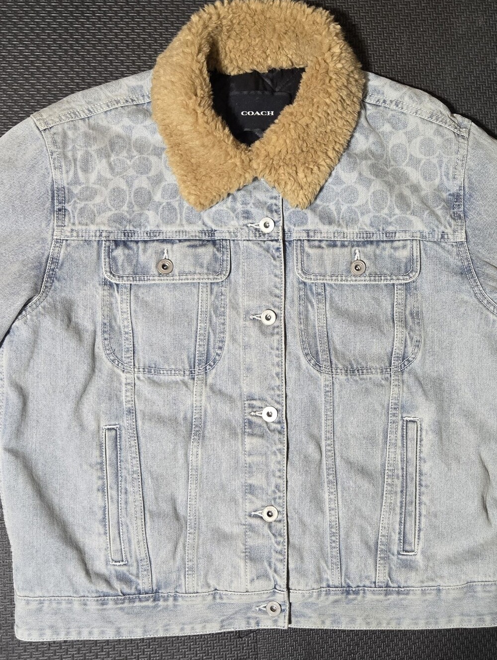 COACH Light Wash Denim Jacket with Tan Sherpa Collar
